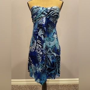 Strapless satin multi blue color short dress